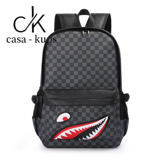 casa-kupsCK新款休闲男士双肩包潮酷鲨鱼旅行背包学生书包时尚格子电脑包手 黑色款二6625