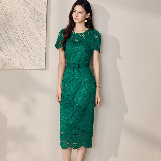 
ROEYSHOUSE ROYYSHOUSE Temperament Puff Sleeve Lace Green Dress 2025 Summer New Fashion Lace-up Slim Dress 12242 Green XL