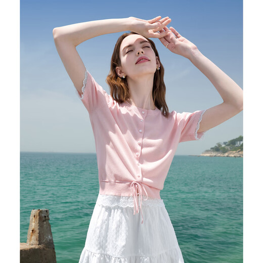 百图betu女装2025夏季新款毛针织衫莱赛尔凉感蕾丝花边上衣女2505X23 粉红 M