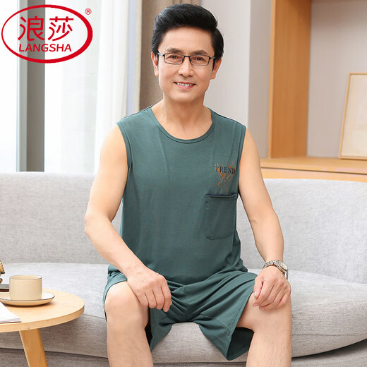 LangSha pajamas middle-aged men's summer thin cool modal sleeveless daddy vest shorts plus a large size home clothing Cool modal pajamas MT-1105 M suitable for 80-Jin [Jin equals 0.5 kg]