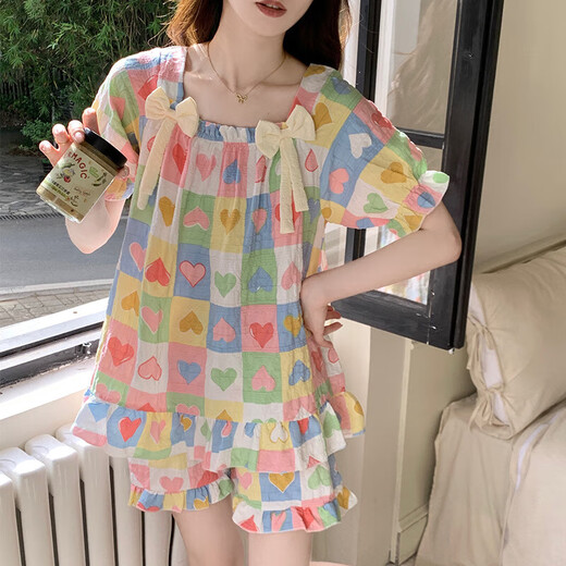 Pajama de algodón en la nube para mujeres en verano dulce estilo floral con almohadilla de pecho pantalones cortos de manga corta La ropa delgada del hogar se puede usar afuera 9902-3# 2XL