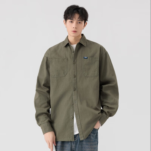 MONPOC Hong Kong style retro shirt men's spring and autumn style couple high-end casual long-sleeved shirt jacket MOC01 military green 4XL