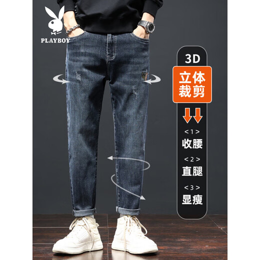 Джинсы Playboy (PLAYBOY) мужские свободные прямые летние модные бренды 2025 года, новый Guangzhou Xintang, тонкие эластичные повседневные брюки для мужчин k882, светло-голубые брюки с девятью точками, тонкие 28 рекомендаций 90-100Jin Jin равен 0,5 кг