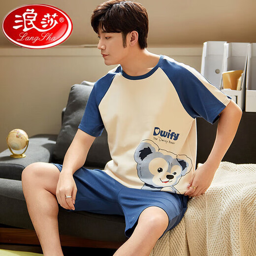 
Langsha cotton pajamas men's summer short-sleeved teenager cartoon student suit thin loose large size can be worn outside home clothes H9928 (short-sleeved shorts) L (recommended 90-110Jin [Jin equals 0.5 kg])