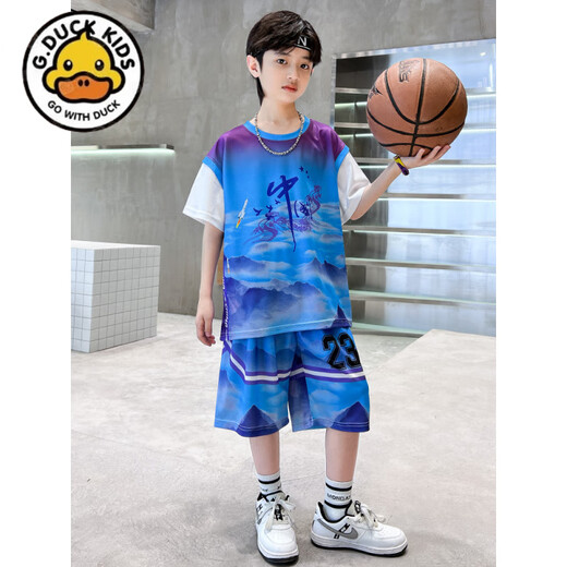 G. DUCKKIDS小黄鸭男童夏装球服套装洋气儿童夏季篮球服中大童运动短袖速干衣 DMG-9905-地球球服-蓝色 120 建议身高110cm