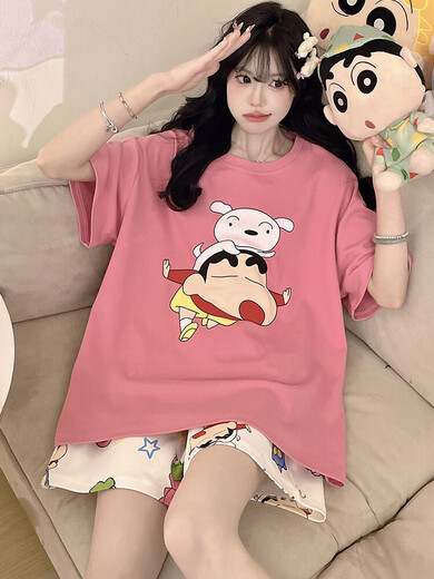 Crayon Shin-Shirt reines Baumwollpyjamas für Frauen im Sommer kurzärmelig dünner Cartoon süße Schüler plus Größe Fett MM Home Clothing Qys9928 m (geeignet für 80-100jin [Jin gleich 0,5 kg])