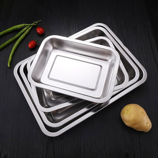 Extra thick stainless steel plate rectangular commercial square plate tray barbecue plate dumpling plate household deep and shallow dish plate 60*40*4.8cm three pack