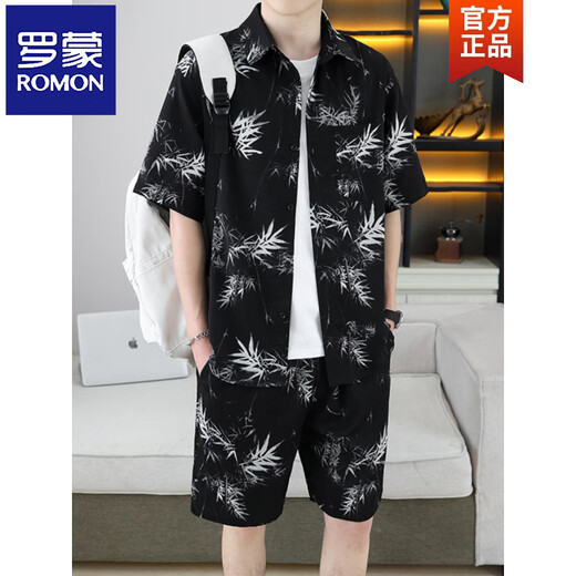 Romon (Romon) Beau chemise, costume de soie de glace d'été masculin, chemise fleurie, manches courtes, shorts, plage en deux pièces, 679 costume blanc, m 110jin [Jin est égal à 0,5 kg]