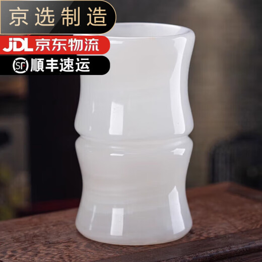 吉善缘天然玉石大号毛笔筒摆件书房办公室装饰礼品中国风送男士升职礼物 竹节瓶笔筒配黄铜底座-B12805
