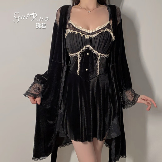 瑰若（Gui Ruo）丝绒内衣简约柔美纯欲大码吊带睡裙外袍女家居慵 3879黑色（外袍+腰带 均码