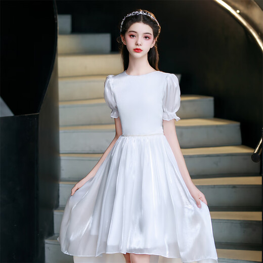 琪双睿女童连衣裙夏季高级感轻奢小众礼服钢琴演出服小女孩生日宴公主裙 米白短袖 均码 量身定做尺寸不退不换
