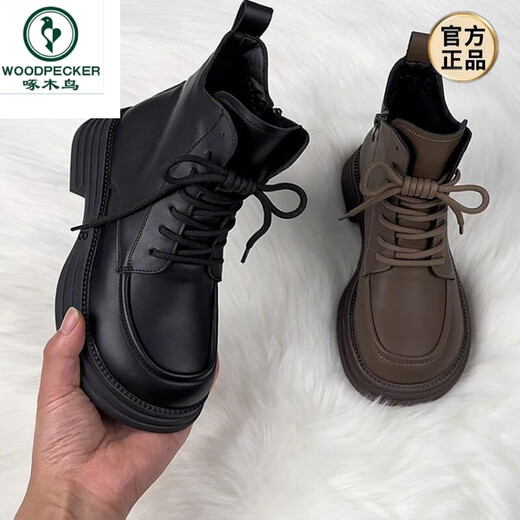 Woodpecker leather Martin boots for women 2024 new autumn and winter British style plus velvet thick sole short boots versatile single boots black (single) 38