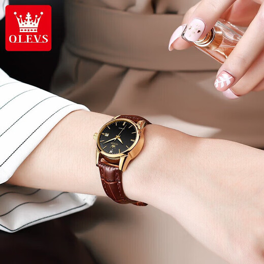
OLEVS (OLEVS) Swiss certified top ten watches for women's fully automatic mechanical watches simple temperament women's watch light luxury small belt 6629 upgraded version brown leather black face women free engraving