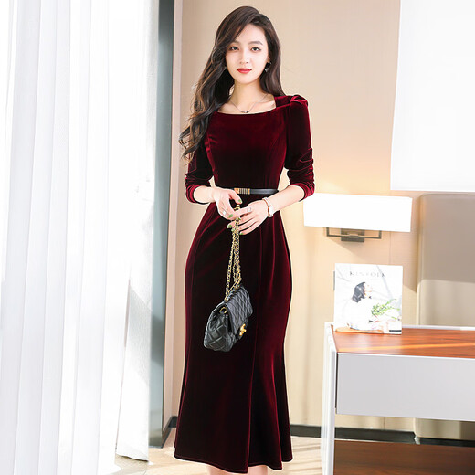 Homesee light luxury international high-end brand dress burgundy velvet feminine wedding dress for mother-in-law and mother-in-law wedding dress burgundy (comes with belt HZ) 2XL suitable for 126-135Jin Jin is equal to 0.5 kg