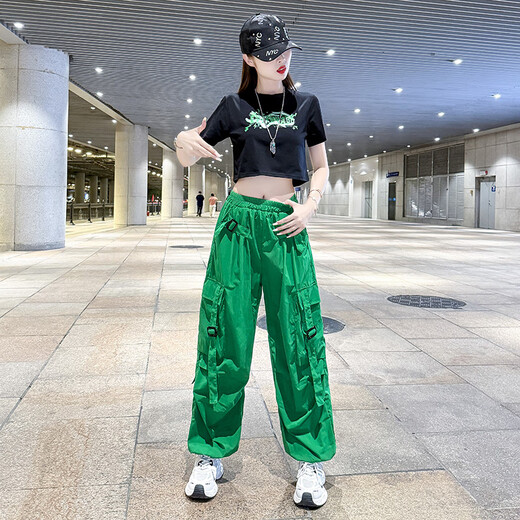 书与茶美式速干工装裤女夏季薄款广场舞运动裤2025新款曳步舞爵士舞裤子 黑色短款上衣8833+绿色长裤6628 3XL