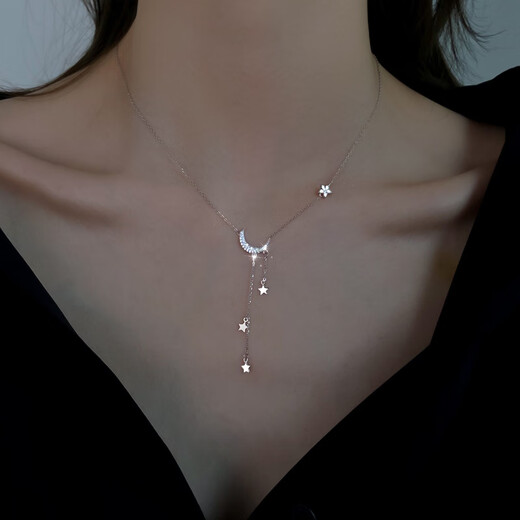 Lao Tempel 925 Sterling Silber Star Moon Pullover Halskette für Frauen 2025 Neumond Spritzer Star River Fransen Pullover Colarmbone Kette 925 Silver Star Moon Quasten - Halskette