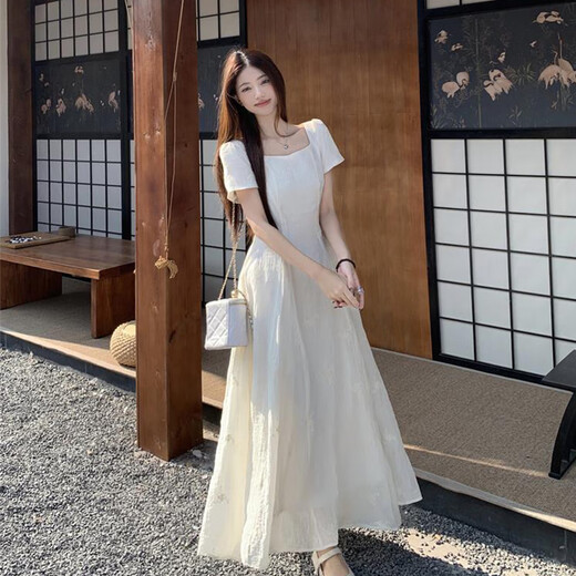 Bangboshi weißes Kleid kurzärmeligte gestickte florale langen Rock 2025 Sommer neuer Kaffee Break Französisch Elegantes Temperament sanftes Stil bestickter Kleid [Aprikosenfarbe] M Größe geeignet [85-100jin [Jin gleich 0,5 kg]]]