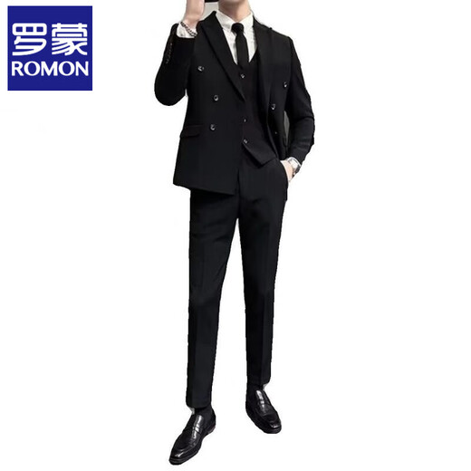 ROMON Autumn and Winter Suit Men's Business Formal Wear Professional High-Quality British Style Double-Breasted Handsome Casual Suit Jacket Black Suit (Follow and receive a tie) XL