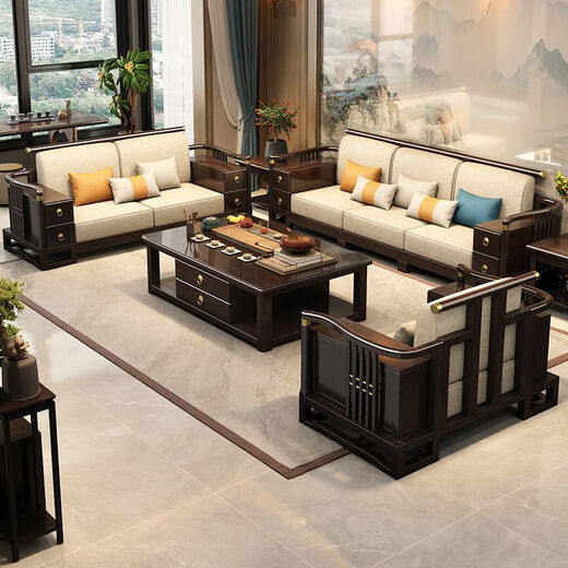 Nr. 1 Haoting Massives Holzsofa Wohnzimmer Neue chinesische Möbel Kleine Einzel- und Doppel-Dreifach-Sofa 2025 Neues Modell 9906# SaTenstoff vier Personen + Imperial Couch [Rahmen] Baumwolle und Linienstoff