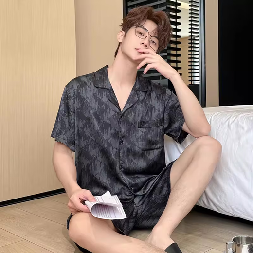 莫代尔高端新款男式睡衣夏季短袖短裤冰丝薄款凉感家居服大码套装夏天男 3899松绿 L (体重100到139)