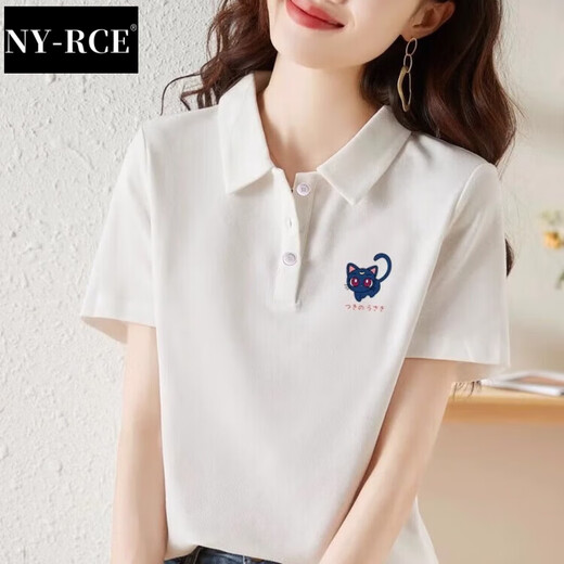 NY-RCE短袖t恤女2025夏季纯棉POLO小众休闲宽松百搭印花翻领体恤上衣 1476白色（黑色印花） L
