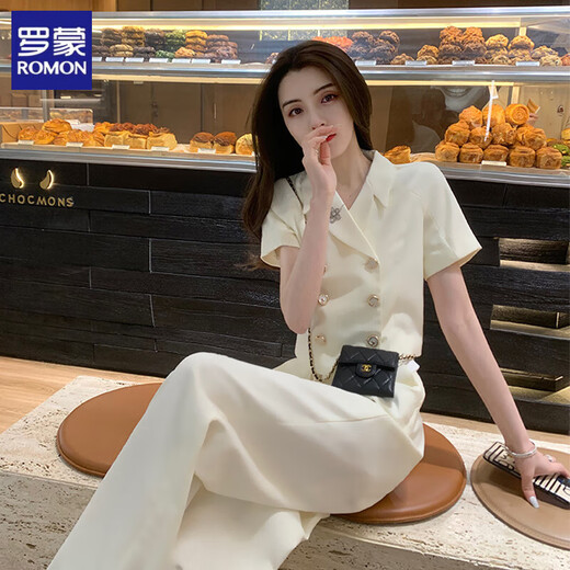 罗蒙（ROMON）小香风套装女夏季2025新款盐系轻熟高级感减龄气质简约休闲两件套 杏色长裤 L