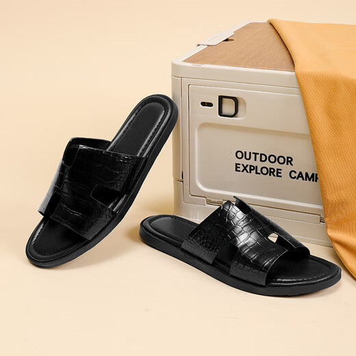 Walker Shop Slippers Men's 2025 Summer Nuevo cuero genuino al aire libre Flops sin deslizamiento sandalias de hombres al aire libre y modernas negras 38 (tamaño de zapato de cuero)