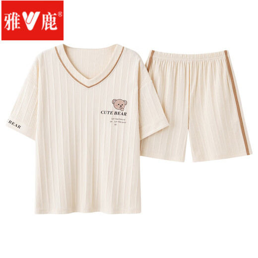 雅鹿睡衣女夏季韩版可爱薄款短袖裤学生两件套装春秋天大码宽松家居服 杏色 GXT6630图色 M (建议75-95斤)