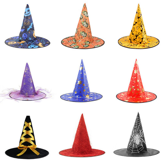 Halloween Hat Witch Party Decoration Corner Mesh Pumpkin Print Magician Witch Hat Black Pointed Wizard Hat Pleated Witch Hat-Black One Size