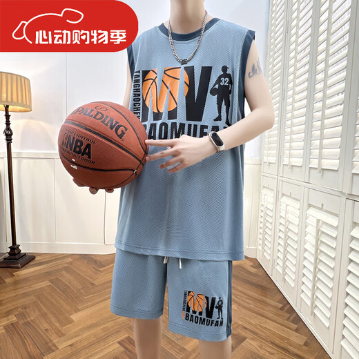 浪子闲话韩版牛无袖t恤男孩12-15岁初高中学生篮球服套装13大童运 6636浅灰(背心+短裤)_品质保证 M _80-100斤左右
