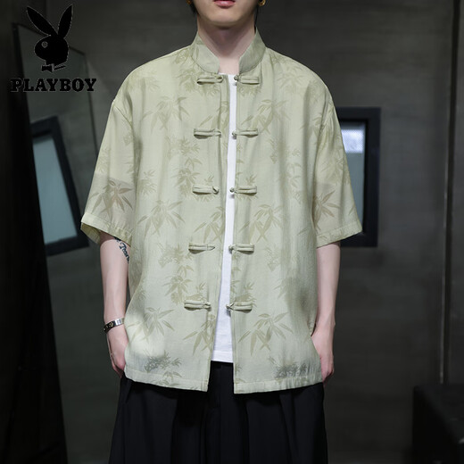 花花公子（PLAYBOY）夏季轻薄款短袖衬衫新中式古风盘扣唐装男装中国风竹叶上衣中山装 CS9898白色 L