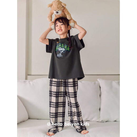 Benny Bear Bear Children's Pajamas Summer Pure Cotton Short Sleeve Trousers Plaid Snoopy Parent-Child Set Girls Large Size Home Clothing TD1105 (can be worn by both boys and girls) 120 (size 10)