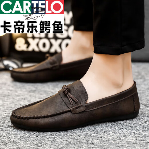 卡帝乐鳄鱼（CARTELO）25春夏季新款百搭懒人男士豆豆鞋透气防滑休闲皮鞋韩版一脚蹬男鞋 D826黑色+增高垫 44 偏小