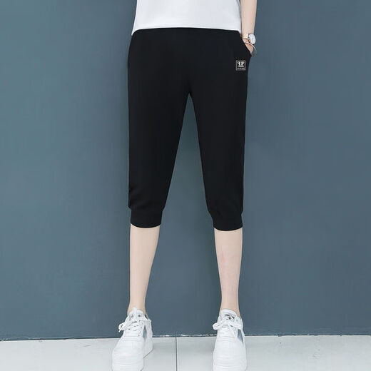 Quan Yinglei summer cropped pants for women large size black slim cotton mid-pants versatile stretch sports women's shorts middle-aged black (crop pants 693#) M