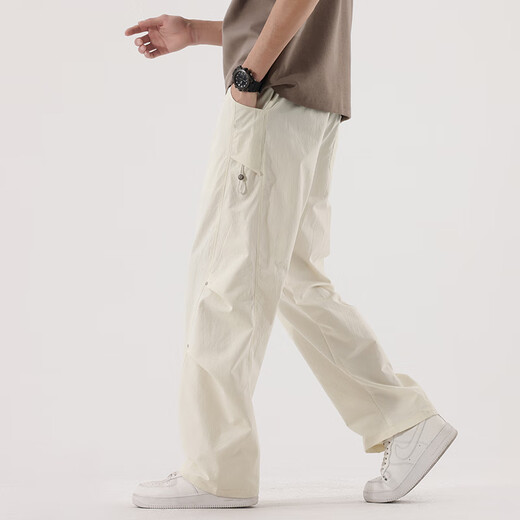 GREATLUIA裤子夏季男纯色褶皱铆钉装饰直筒休闲裤宽松运动裤男潮流速干长裤 723米白 M