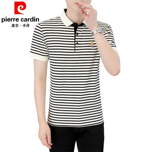 Pierre cardin 2025 new summer striped short-sleeved T-shirt for men's shirt collar polo shirt trendy embroidered half-sleeved handsome T-shirt White 5012 [turn collar short sleeve] M