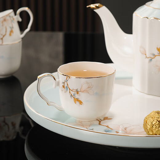 Yanze bone china rotatable water set tea set teapot teacup set opening housewarming gift light luxury high-end gift box bone china magnolia branch set-wooden gift box