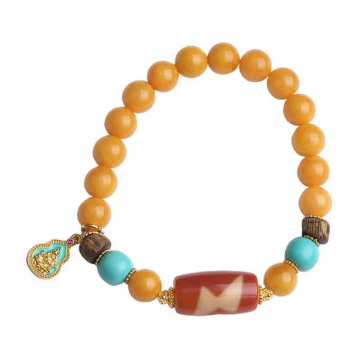Potala Palace Beeswax Red Flesh Dzi Beads Bracelet for Men and Women Beaded Amber Color Treasure-style Plate Bracelet for Girlfriend’s Birthday Gift