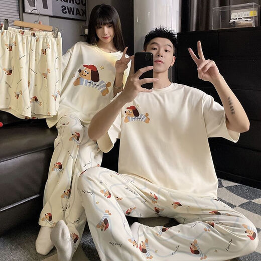 Catman (Miiow) Drei-teiliges Paar Pyjamas für Frauen im Sommer Pure Cotton Cette Short Sleeve Thin Cartoon Herren Shorts Korean Style Home Clothing T-A5012 Ehepaar [Drei-teilige Set] M Frauen (Empfohlen 80-100 Jin [Jin Equals EqualS Gym]))