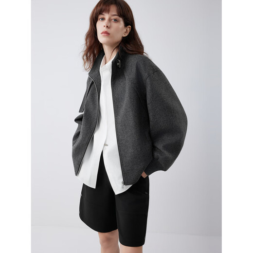 ELLE wool grey herringbone short jacket for women 2025 autumn new silhouette loose casual temperament jacket dark gray S