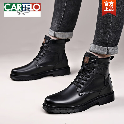 卡帝乐鳄鱼（CARTELO）马丁靴男士真皮羊毛保暖棉靴高帮头层牛皮工装户外加厚雪地靴冬季 3519黑色(羊毛款） 38