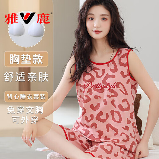 雅鹿带胸垫一体背心睡衣女夏季纯棉无袖短裤可外穿薄款家居服两件套装 F-9856 M