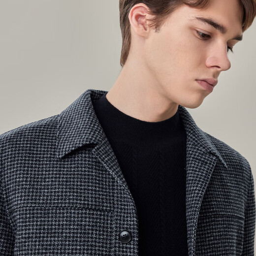 EMZ Ordos pure wool autumn and winter men's high-end classic houndstooth short loose woolen jacket navy blue XL 180/100A