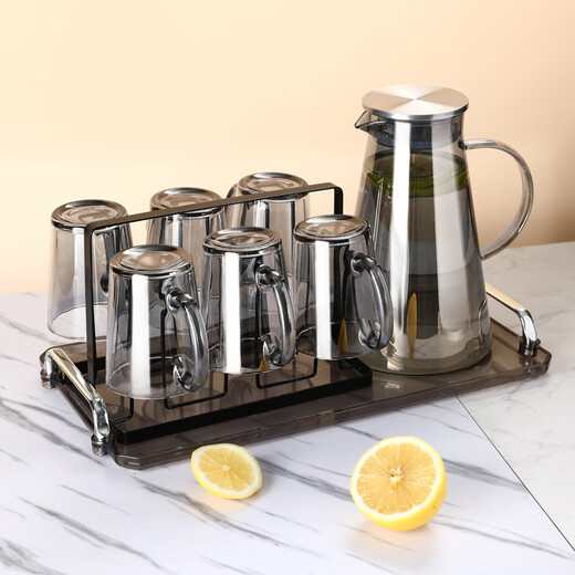 Fat Dongli glass water cup household complete set of living room tea cup set for entertaining guests drinking cup with handle high-value tea set graphite gray handle cup 6 pieces + black stand + kettle + ash tray