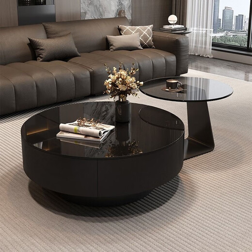 Hua Beisen coffee table black glass Italian minimalist slate living room home light luxury high-end simple round combination Baoge black glass surface + gray glass 80+50 cabinet shipped as a whole