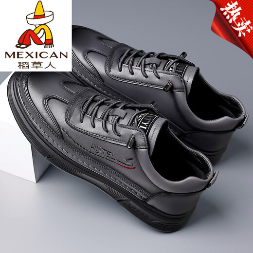 稻草人（MEXICAN）男鞋潮鞋2025夏季真皮休闲鞋薄款秋季鞋子男皮鞋运动板鞋男软底 6198 黑色(真皮牛皮) 42
