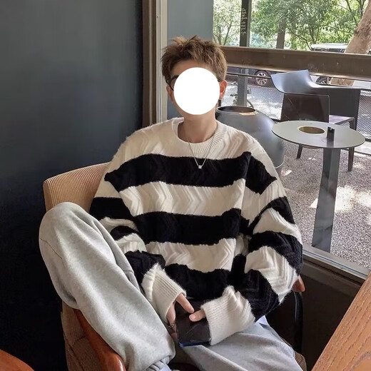 迪伽达2025冬季新款日系长袖宽松套头条纹圆领毛衣男设计感小众oversize DDD- 841灰色 L