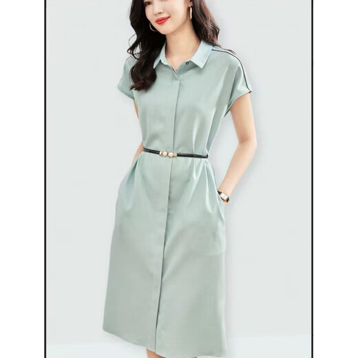 Woodpecker Robe élégante pour les femmes 2025 Été Nouveau style Commutation Couleur unie Couleur courte à manches courtes et minceur de taille moyenne pour femmes vertes (+ ceinture) L 113-125Jin [Jin est égal à 0,5 kg]