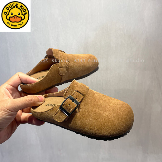G.duck genuine leather Korean style children's Birkenstock half slippers for outer wear spring and autumn girls' toe-cap soft-soled slippers baby boys' leather slippers camel color is too small, it is recommended to go up one size 26 (inner length 16.5CM)