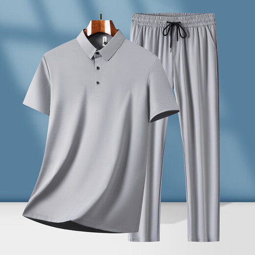 罗蒙短袖t恤男爸爸夏季套装中老年男装衣服父亲生日礼物男士冰丝套装 M7030套装--烟灰 M 170 （100-120斤）